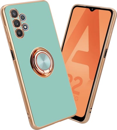 Cadorabo Hoesje geschikt voor Samsung Galaxy A32 5G in Glossy Turquoise - Goud met ring - Beschermhoes van flexibel TPU-silicone Case Cover met camerabescherming en magnetische autohouder