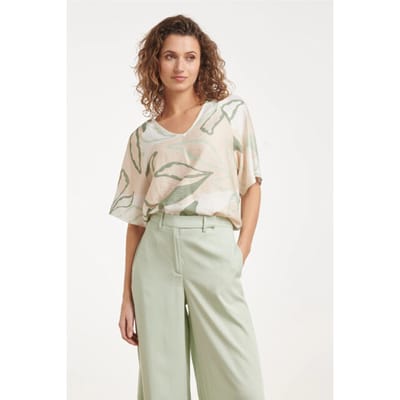 Smashed Lemon Smashed Lemon Losse Top Met Groene En Beige Bladprint En V-Hals | Soft Green - Muticolour maat XS