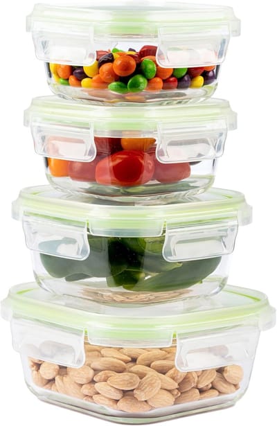 Famanu - Glazen vershoudbakjes, vierkant glazen meal prep food container met deksel – ruimtebesparende glazen voedselopslag container voor magnetron en vriezer meal prep containers (set 4, groente)