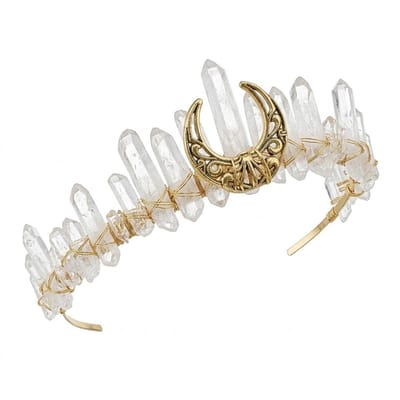 Goudkleurige tiara met witte kristallen en maan hanger – diadeem voor dames – fantasy hoofdband met edelsteen look en maanmotief – geschikt voor festivals, bruiloften en fotoshoots