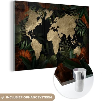 ® Glasschilderij 120x80 cm - Schilderij acrylglas - Wereldkaart - Vintage - Bladeren - Foto op glas - Muurdecoratie woonkamer - Wanddecoratie slaapkamer - Schilderijen
