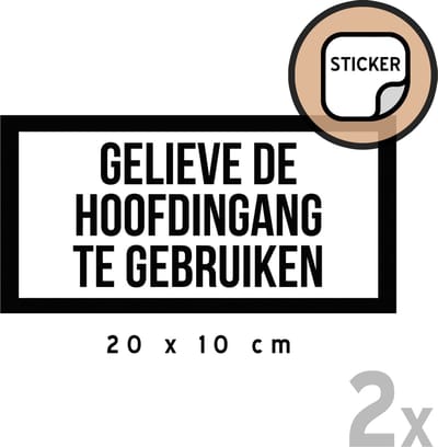 Pictogram/ stickers (2x) | "Gelieve de hoofdingang te gebruiken" | 20 x 10 cm | Inkom | Deur | Ingang | Onthaal | Openbaar gebouw | Winkel | Retail | Zwart/ wit | 2 stuks