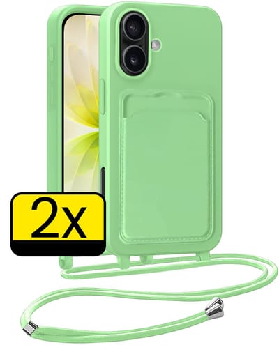 Hoesje Geschikt voor iPhone 17 Telefoonhoesje Met Koord Case Pashouder Siliconen - Hoes Geschikt voor iPhone 17 Hoesje Met Kaarthouder - Groen - 2 Stuks
