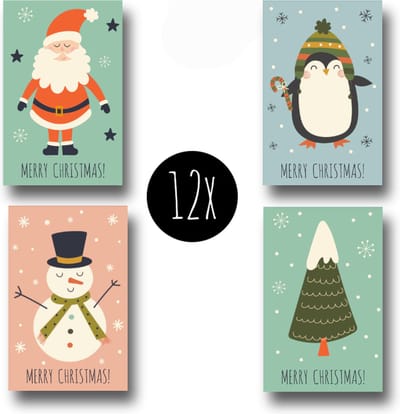 12x Kerst Minikaartjes + Mini-envelopjes | MERRY CHRISTMAS | 4 soorten | kleine kaartjes met kraft enveloppen
