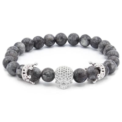 Victorious Natuurstenen Kralen Armband Heren – Zilveren Schedel – Zwart/Grijs – 18cm
