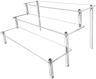 Drielaags displaystandaard van acryl, 4 mm dik, met transparante planken, geschikt voor het tentoonstellen van beeldjes, sieraden, cupcakes, enz., 19,5 x 20,7 x 15 cm