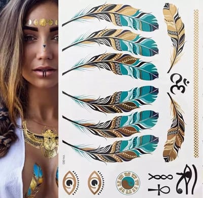 Akyol - nep tattoo - kleurrijke metallic tattoo's - body choker - tattoo veer - festival tattoo - zomer feest tatoeage's - festival tattoes - bohemian - bohemian feest - plaktattoo - neppe tattoo - 1 vel met tattoos - fantasie – nep tattoo – wisb