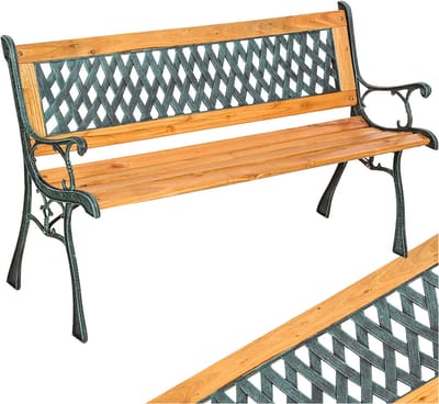 tectake® Houten Tuinbank - Nostalgisch Ontwerp met Gelakt Hout en Decoratief Gietijzer - 128 x 51 x 73 cm - Stevig en Waterbestendig