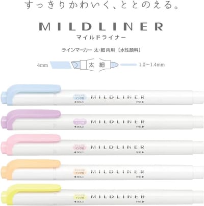 Zebra Mildliner Double Sided Highlighter - New Gentle Colors Set van 5 + EXTRA een Zipperbag