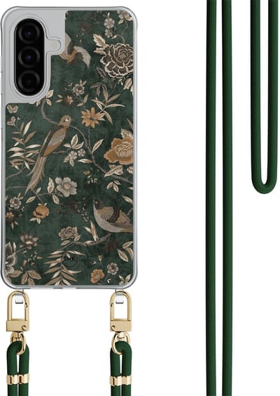 Telefoonhoesje met koord geschikt voor Samsung A36 - Khaki golden flowers - Inclusief Groen koord - Transparant, Groen - Vogel - Crossbody beschermhoes - Met Telefoonketting