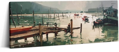 Wallfluent Foto Op Canvas Digitale illustratie van vissersboten in de haven - 125 x 50 cm - Groente Canvas Schilderij - Landschappen Foto Canvas - Imitatie van een olieverfschilderij Schilderij Op Doek - Kunst Schilderij Op Canvas