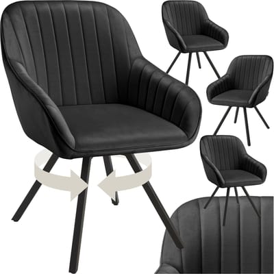 tectake® - Draaibare eetkamerstoel met armleuningen - Ergonomische kuipstoel met fluwelen bekleding - Gewatteerd - Draaistoel voor woonkamer, eettafel, studeerkamer, kaptafel en keuken - Set van 4 - Zwart