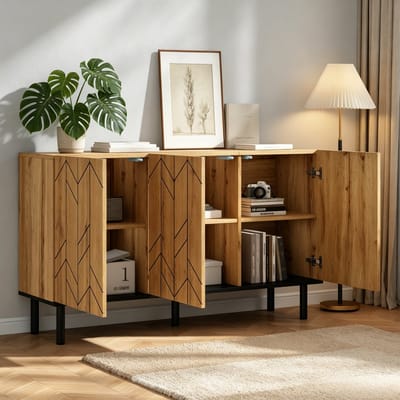 FloraGrace Dressoir - Moderne Opbergkast Met 3 Deuren En Golfpatroon - Voor Woonkamer En Hal - Spaanplaat En Metaal - 120x35x70 Cm - Naturel