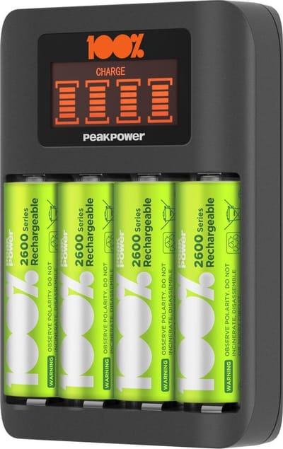 100% PeakPower Batterijoplader U412 - Batterij oplader voor AA en AAA - Snelle Batterijlader incl. 4 oplaadbare batterijen AA 2300 mAh