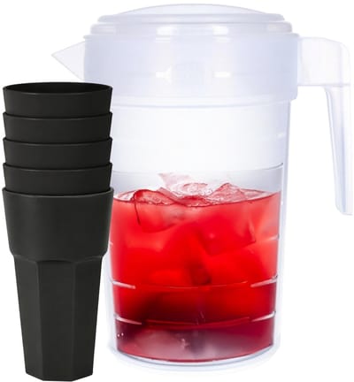 Plasticforte Waterkan van 2 Liter - transparant - kunststof - met 5x stuks onbreekbare drinkglazen - zwart - 600 ml