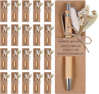 Cadeaus met Houten Balpen en Gravering, Boeket van Echte Gedroogde Bloemen, Papieren Penhouder voor Afscheidscadeau Leraar, Collega of Vriend - 20 Sets