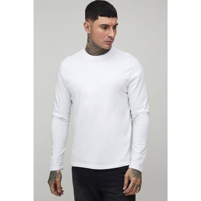 T-shirt voor lange maten met lange mouwen en ronde hals | White | Size Small