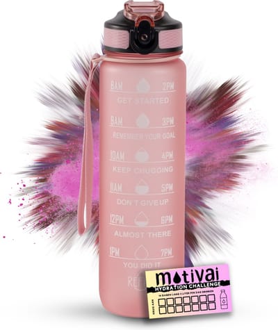 Motivai Motivatie Waterfles - Rosé - Inclusief Extra Afsluitklepje - 1 Liter - Motiverende Drinkfles met Rietje - BPA Vrij - Met Motivai Hydration Challenge