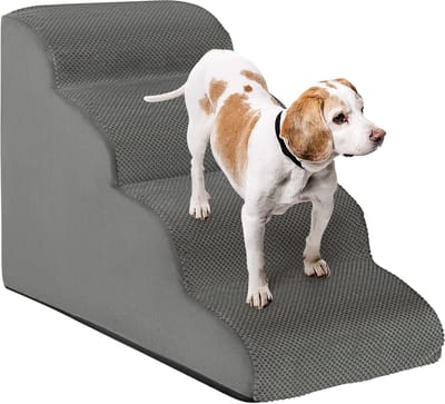 COSTWAY Hondentrap, 4 treden, antislip hondentrap van schuim, huisdiertrap voor honden en katten, afneembaar, hondentrap voor bank, bed, wasbare hoes, grijs