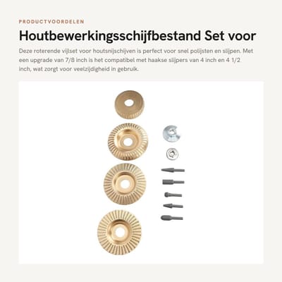 Dailygoods- Houtbewerkingsschijf Set - 4-delige Houtsnijschijf - 5-delige Roterende Braamset - Universele Flensmoeren - Compatibel met Haakse Slijpers - Eenvoudig te Installeren - Schuuraccessoires