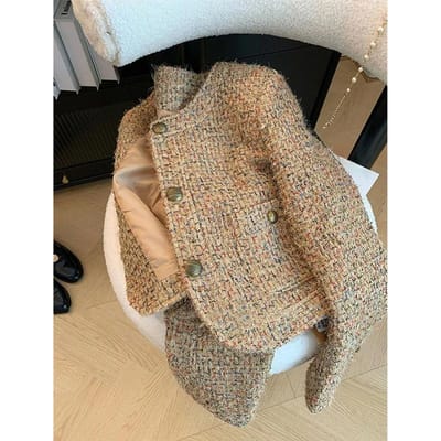 Vintage Tweed Jas Dames Elegant Cropped Jas Koreaanse Lange Mouw Bovenkleding Herfst Winter Dames Single Breasted Chic Blazer Nieuw L black