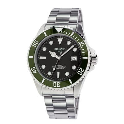 KIENZLE Horloge - Taucher - Quarz KG410C - Waterdicht tot 20 ATM - Wijzerplaat Mat Zwart - Lunette Olijfgroen