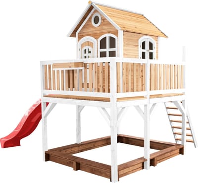 AXI Liam Speelhuis in Bruin/Wit - Met Zandbak en Rode Glijbaan - Speelhuisje voor de tuin / buiten - FSC hout - Speeltoestel voor kinderen