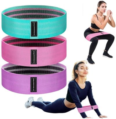3 stuks - Elastische fitnessband van stof - Drie instelbare weerstandsniveaus - Band voor bil- en beentraining - Yoga-weerstandsband - 34*8 cm - Voor thuistraining, revalidatie en rek- en strekoefeningen - Verkrijgbaar in groen, roze en paars