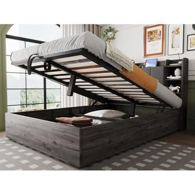 ModernLuxe Opbergbed van hout 140×200 cm - hoofdeinde met opbergruimte - met USB- + Type-C-poorten - grijs (matras niet inbegrepen)