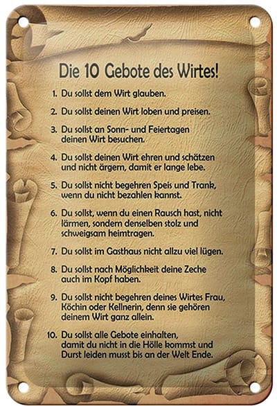 Blechschild Spruch 12x18cm die 10 Gebote des Wirtes Dekoration