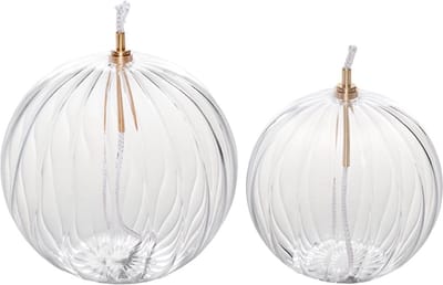WinQ!- Olielamp in Bolvorm met Ribbelstructuur 10en 12cm Set 2st-helder glas-inclusief Lont-makkelijk hervulbaar-mooie warme sfeerverlichting
