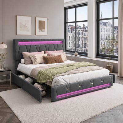 Opbergbed 160x200 cm grijs linnen met 4 lades, LED-verlichting, USB-oplaadpunt en verstelbaar hoofdbord, gestoffeerd tweepersoonsbed