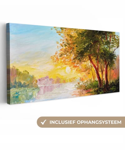Canvas - Schilderij - Natuur - Bomen - Water - Olieverf - 40x20 cm - Canvasdoek - Schilderijen op canvas - Muurdecoratie