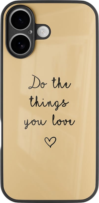 Hoesje geschikt voor iPhone 17 - Do the things you love - Luxe Glazen Hardcase - Tekst - Geel - Leuke Telefoonhoesjes