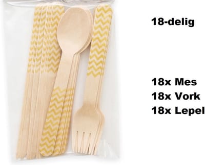 3x Bestekset wave hout 18-delig goud (54 stuks) - Feest festival thema party food diner