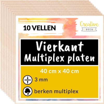 Creative Deco 10 x 40x40cm Multiplex Platen Vierkant 3mm | 400 x 400 x 3 mm (+/- 0.5 mm) | Baltische Berkenhoutlaag | Perfect voor Pyrografie, Lasersnijden, CNC-router, Modellering, Fretwerk, Rolzaag