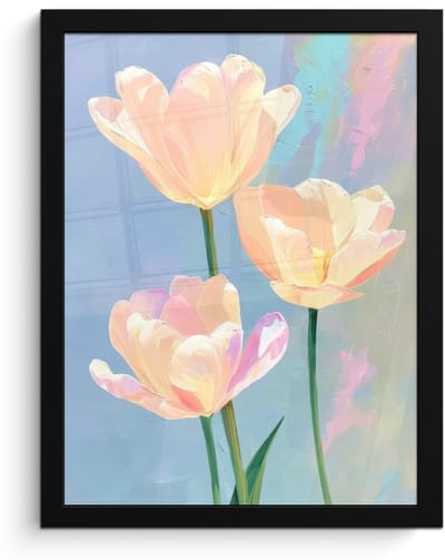 Poster in lijst - Fotolijst 30x40 cm - Posters - Tulpen - Roze accenten - Blauw - Posterlijst zwart - Decoratie - Wanddecoratie woonkamer - Muurdecoratie slaapkamer