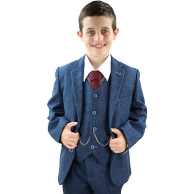 3-delig blauw visgraat tweed geruit klassiek pak voor jongens