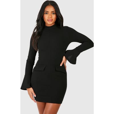 boohoo Dames Crêpe Mini-Jurk met Hoge Hals en Zakdetails | Zwart | Maat: 42