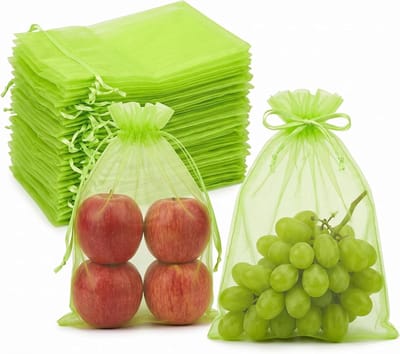 100 stuks organzazakjes voor fruitbescherming, netzakken tegen vogels en insecten, ideaal voor tuin en druiven (lichtgroen, 20 x 30 cm)