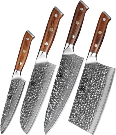 Xinzuo | 4-delige set met Damascus stalen messen (gehamerd) | Woestijnijzerhout | B13D - hakmes + koksmes + santokumes + groentemes