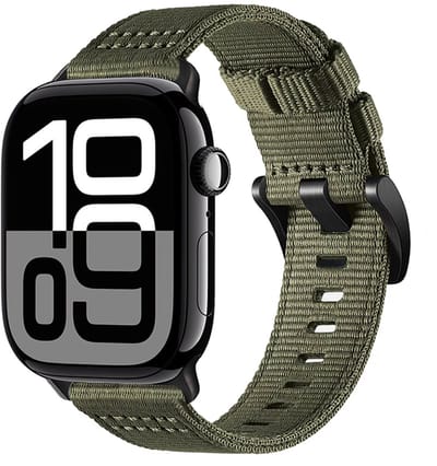 Stravo Tactical Nylon Horlogebandje – Robuust Canvas Design – Geschikt voor Apple Watch 49mm (Ultra 1/2/3) / 46mm (Series 11/10) / 45mm (Series 9/8/7) / 44mm (Series 6/5/4/SE 1/2/3) – Sportief & Duurzaam – Olijfgroen