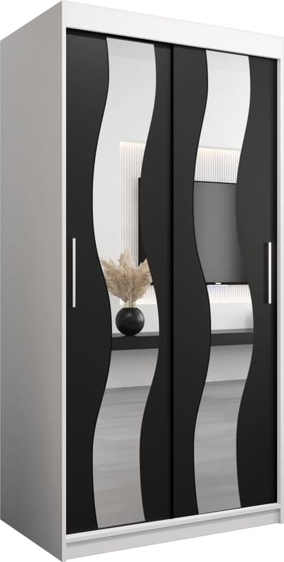 InspireMe - Kledingkast met 2 schuifdeuren, Modern-stijl, Een kledingkast met planken en een spiegel (BxHxD): 100x200x62 - REESE 100 Wit Mat + Zwart