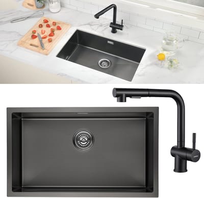 CECIPA max Spoelbak Antraciet 40x45CM - Met keukenkraan met uittrekbare uitloop - Spoelbak Keuken RVS - Spoelbakken Keuken - Wasbak Keuken met Afvoersysteem