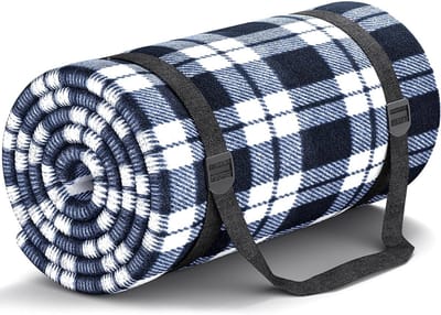 Famanu – Picknickdeken - 300 x 300 cm - waterdicht - zandvrij - outdoor - wasbaar - XXL - picknickdeken - opvouwbare strandmat met schouderriem - ideaal voor strand - park - blauw-wit rooster