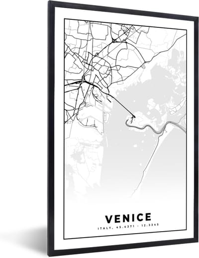 Fotolijst incl. Poster Zwart Wit- Venetië - Plattegrond- Stadskaart - Zwart Wit - Kaart - 40x60 cm - Posterlijst