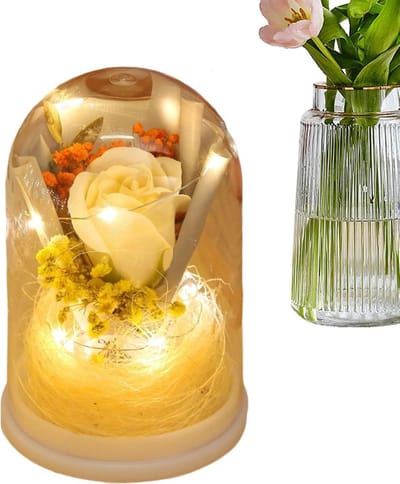 Rozenboeket In Stolp - Eeuwige Bloemen - Huis Decoratie - Met LED Verlichting - 17 cm Hoog - Wit