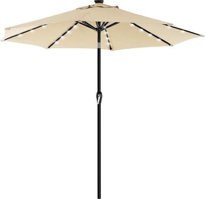 SONGMICS Parasol met LED-verlichting op zonne-energie, tuinparasol Ø 270 cm, UV-bescherming tot UPF 50+, buigbaar, met zwengel om te openen en te sluiten, zonder standaard, beige GPU040M01