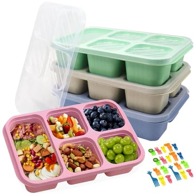 4-pack Bento-broodtrommel, 5 compartimenten snackbox met transparante deksels en 20 × dierenvorken, verdeelde voedselcontainer voor schoolwerk, picknicks (beige/blauw/roze/groen)