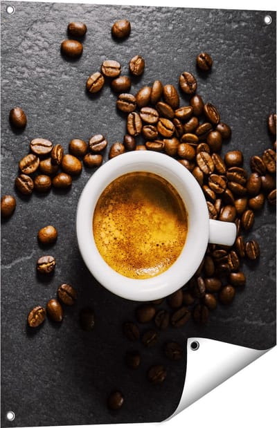Gards Tuinposter Kopje Koffie met Koffiebonen - 60x80 cm - Tuindoek - Tuindecoratie - Wanddecoratie buiten - Tuinschilderij